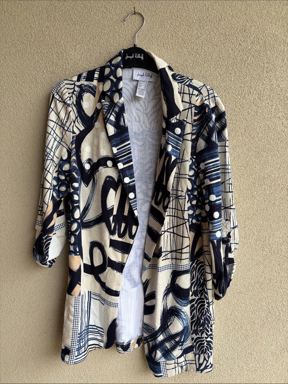 Joseph Ribkoff Cream and Navy Abstract-Print Open Cardigan